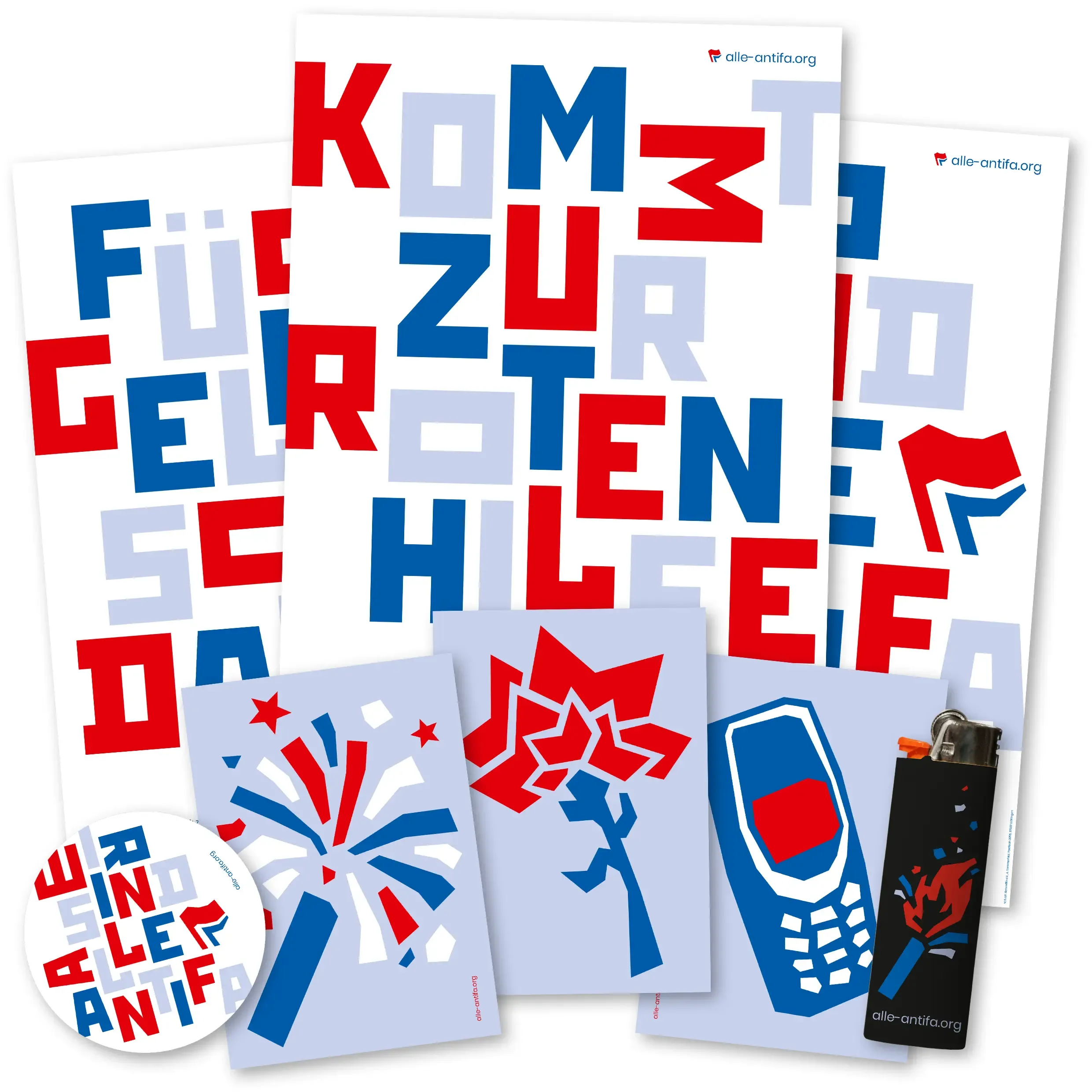 Collage mit den Materialien der Kampagne. Zu sehen sind die Poster, Postkarten, ein Feuerzeug und ein Sticker.